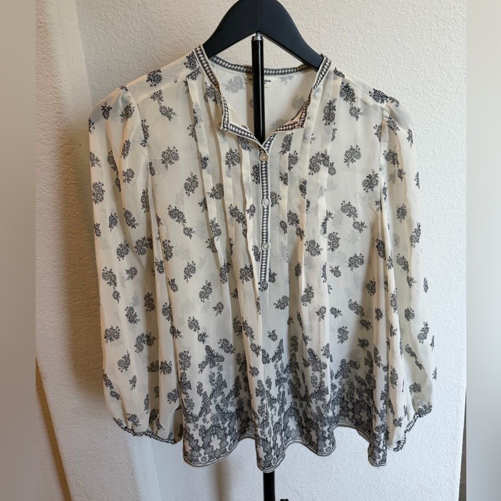 Max Studio Cream and Black Floral Peasant Blouse XS